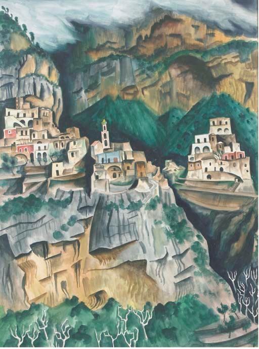 Richard Seewald, Aquarell: Weiße Häuser kleben an grauen und grünen Felshängen unter Wolken; vertikale Komposition mit stark zerklüfteten Felsen.