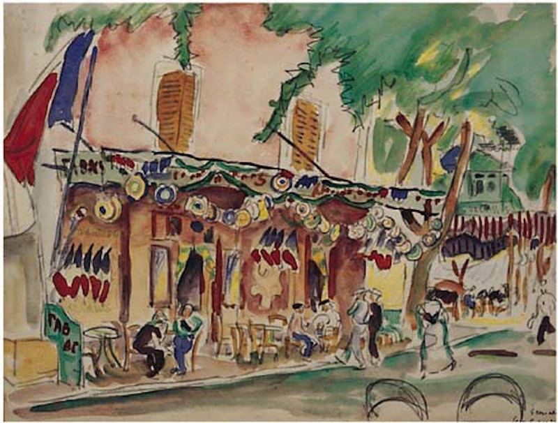Richard Seewald, Aquarell: Lebhaftes Straßencafé mit Fahnen und Tellern an der Fassade, Gäste an Tischen, Bäume; Rot-, Grün- und Blautöne.