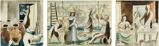 Richard Seewald, Aquarell: Drei Szenen mit Krügen, Weinlese und Tischszene nebeneinander, sehr klein auf weißem Grund.
