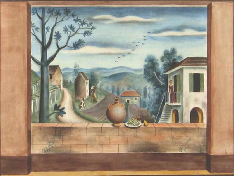 Richard Seewald, Aquarell: Blick durch eine gemalte Fensteröffnung auf Dorf, Weg und Bäume, Krug und Früchte auf der Brüstung; blauer Himmel.