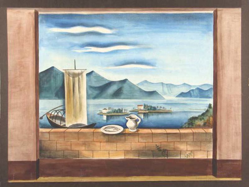 Richard Seewald, Aquarell: Blick über eine Brüstung auf See mit Inseln und Bergen, Boot mit Segel und Krug; Blau und Terrakotta.