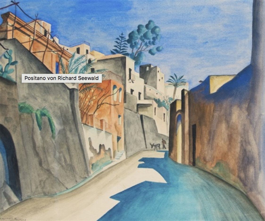 Richard Seewald, Aquarell: Schmale Gasse zwischen hohen Mauern und Häusern, blauer Schattenweg, blauer Himmel; warme Ocker- und Orangetöne.