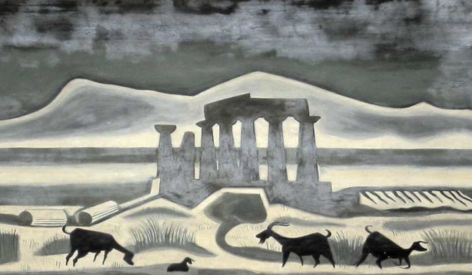 Richard Seewald, Aquarell: Dorischer Tempel in Küstenlandschaft, davor Ziegen; ferner Berg, Grau-Creme-Töne.