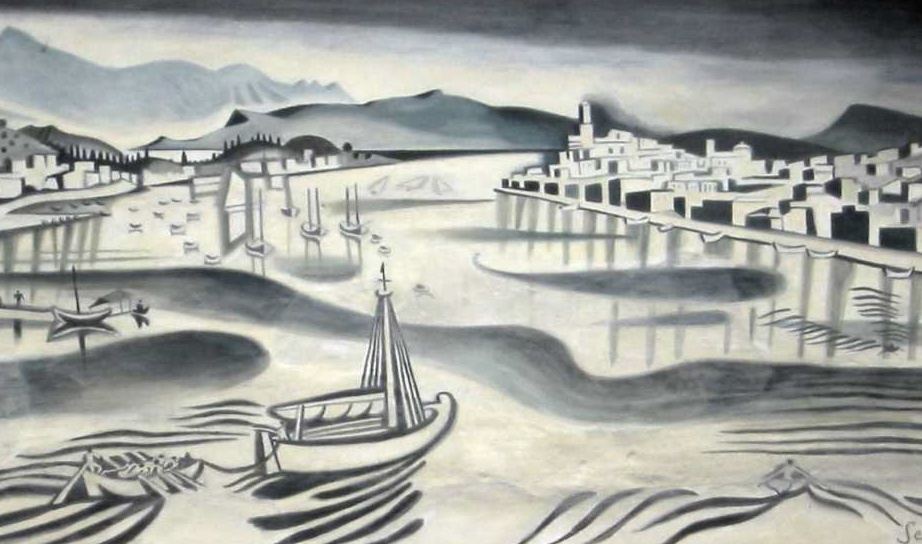 Richard Seewald, Aquarell: Weiße Hafenstadt an einer Bucht, Fischerboot im Vordergrund, bewegtes Wasser; Schwarz-Weiß-Grau.
