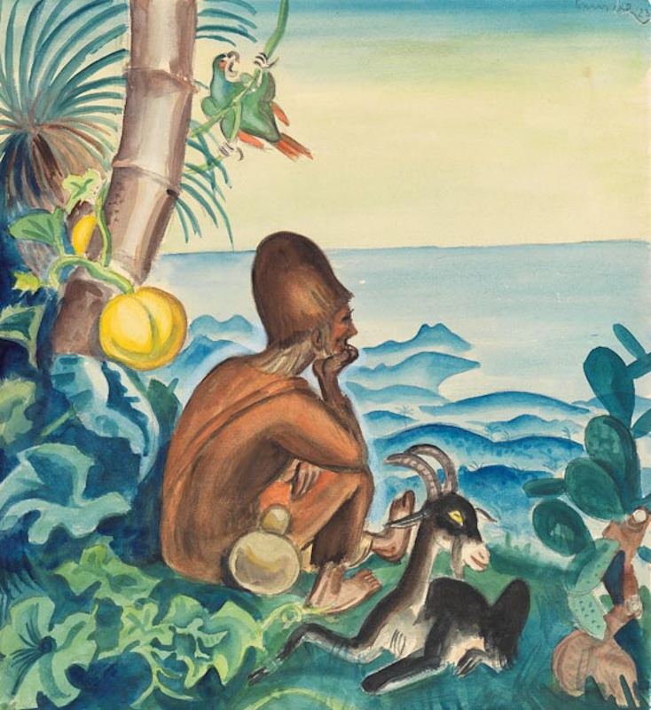 Richard Seewald, Aquarell: Sitzender Hirte in braunem Gewand mit Ziege, Papagei und Kakteen vor Meer; helles Grün, Blau und Braun.