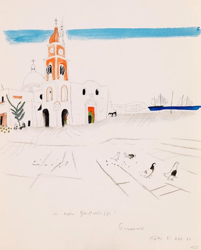 Richard Seewald, Aquarell: Orangeroter Kirchturm und weiße Bauten am Hafen, Tauben im Vordergrund, schmaler blauer Himmelsstreifen, leichte Strichzeichnung.