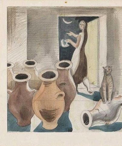 Richard Seewald, Aquarell: Große braune Tonkrüge im Vordergrund, dahinter eine Frau in offener Tür, Katze rechts; Graublau und Ocker.
