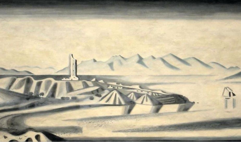 Richard Seewald, Aquarell: Weite Küstenlandschaft mit einem Turm und kegelförmigen Hügeln, ferne Berge; helle, sandige Töne.