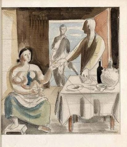 Richard Seewald, Aquarell: Sitzende Frau mit Kind im Arm an einem gedeckten Tisch, dahinter zwei Männer in einer Tür; Braun-, Grün- und Orangetöne.