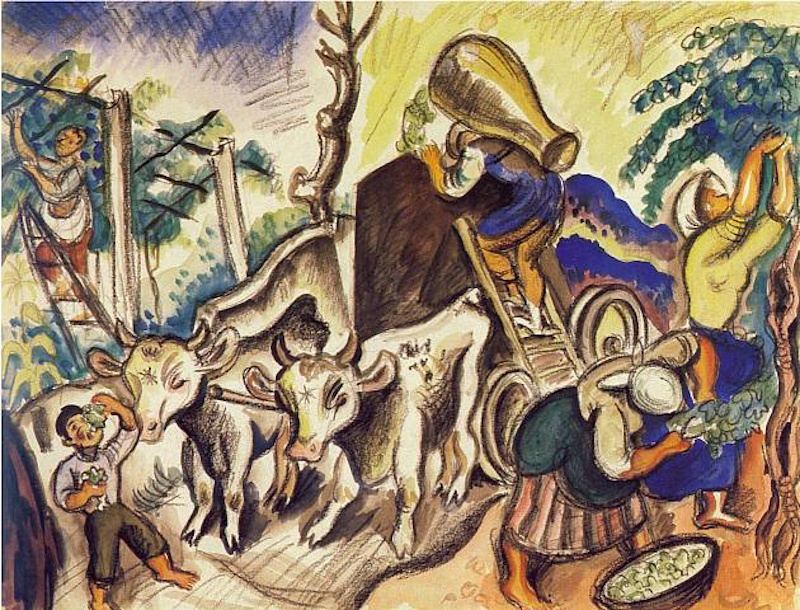 Richard Seewald, Aquarell: Rinder ziehen einen Karren mit großem Krug, Menschen bei der Ernte, Rebspalier; kräftige Gelb-, Blau- und Rottöne.