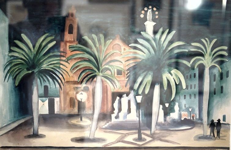 Richard Seewald, Aquarell: Platz mit vier Palmen, Kirche und Laternen in dunkler Stimmung, zwei Figuren; Blick durch Glas fotografiert.