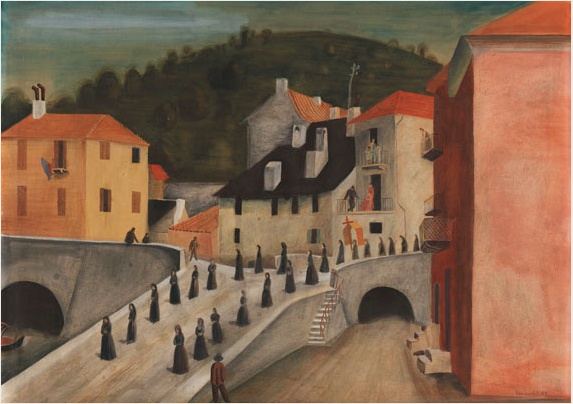 Richard Seewald, Aquarell: Dunkel gekleidete Figuren ziehen in Reihe über eine Brücke zwischen ockerfarbenen und roten Häusern; bewaldeter Hügel.