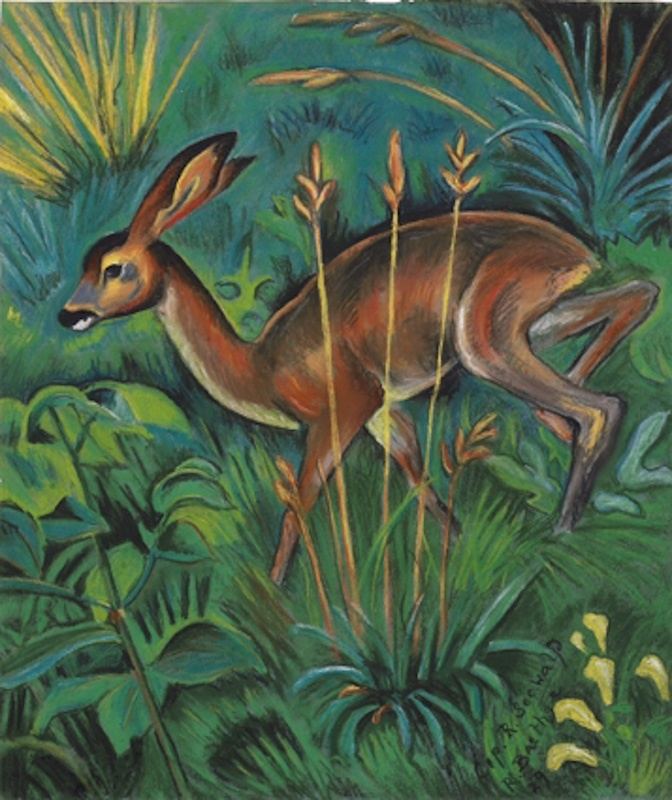 Richard Seewald, Aquarell: Ein braunes Reh springt durch dichtes grünes Gras und Blattwerk; kräftige Grün- und Gelbtöne, quadratischer Ausschnitt.