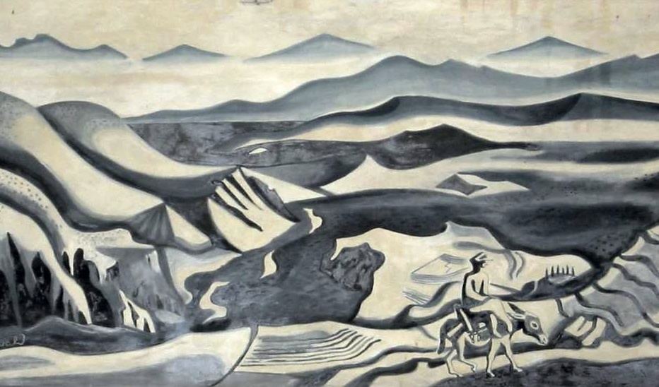 Richard Seewald, Aquarell: Kleiner Reiter auf einem Esel in einer weiten Hügellandschaft mit fernen Bergketten; Grautöne auf cremefarbenem Grund.