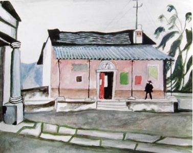 Richard Seewald, Aquarell: Rosa Haus mit Wellblechdach und roter Tür, eine dunkle Figur davor, Säule links, hohe Blätter rechts; gedämpfte Grautöne.