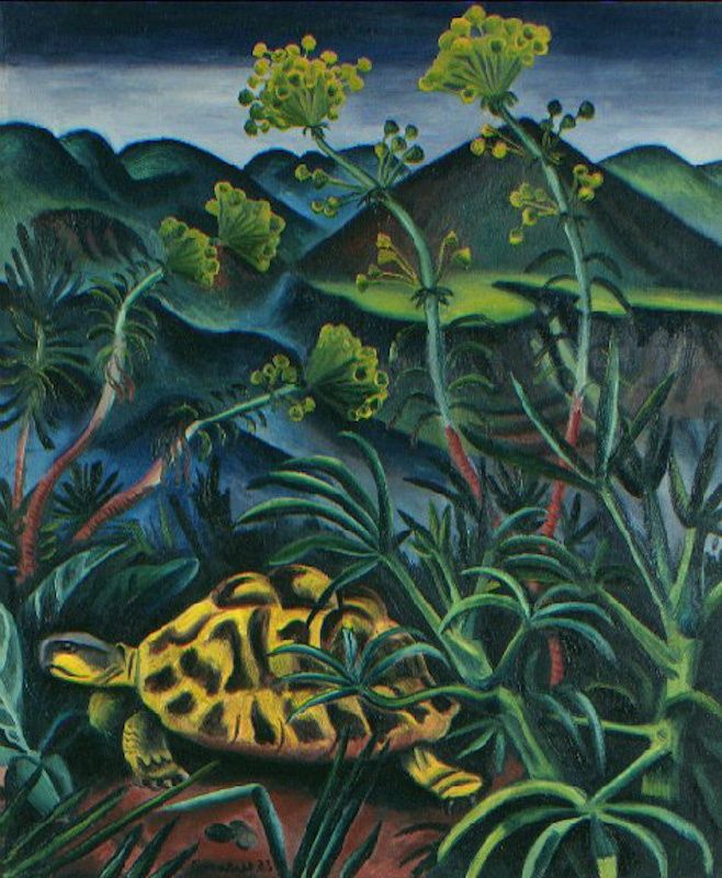 Richard Seewald, Aquarell: Gelb gemusterte Schildkröte unter dunkelgrünen Pflanzen mit gelben Blüten vor Bergen; dunkle, satte Farben.