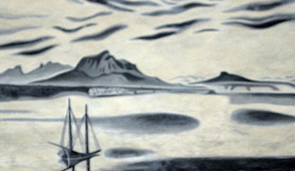 Richard Seewald, Aquarell: Segelmast im Vordergrund auf stiller Wasserfläche, Inseln und Wolkenbänder am Horizont; Grau-Creme-Töne.