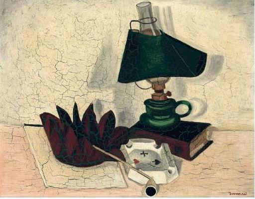 Richard Seewald, Aquarell: Petroleumlampe mit grünem Schirm, Buch, Pfeife und Aschenbecher auf rissigem, cremefarbenem Grund.