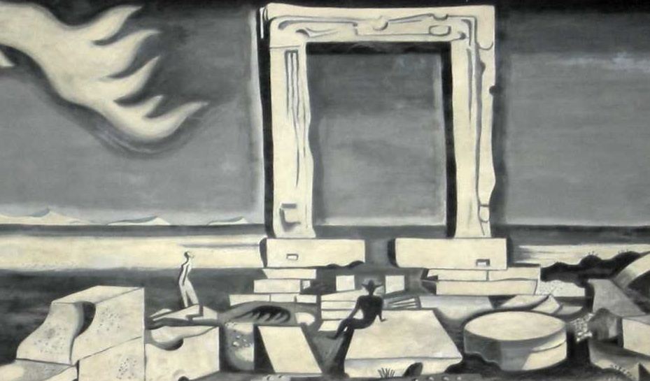 Richard Seewald, Aquarell: Frei stehendes Marmortor auf einer Anhöhe, Trümmer und liegende Figuren im Vordergrund; graue Himmelsfläche.