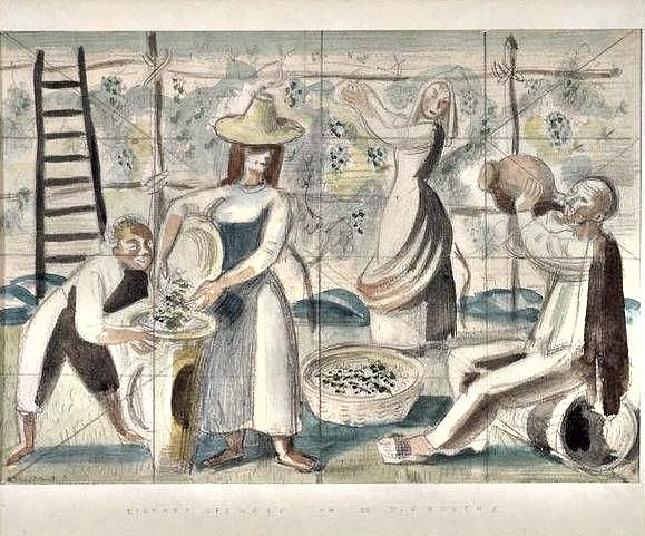 Richard Seewald, Aquarell: Vier Figuren bei der Weinlese vor Rebspalier und Leiter, Körbe mit Trauben im Vordergrund; helle Pastelltöne.