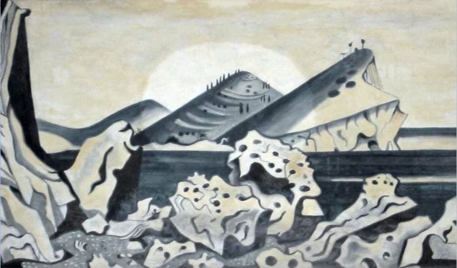 Richard Seewald, Aquarell: Poröse, helle Felsen im Vordergrund vor Meer und Bergen, große blasse Sonne; Komposition in Blau-, Grau- und Cremetönen.