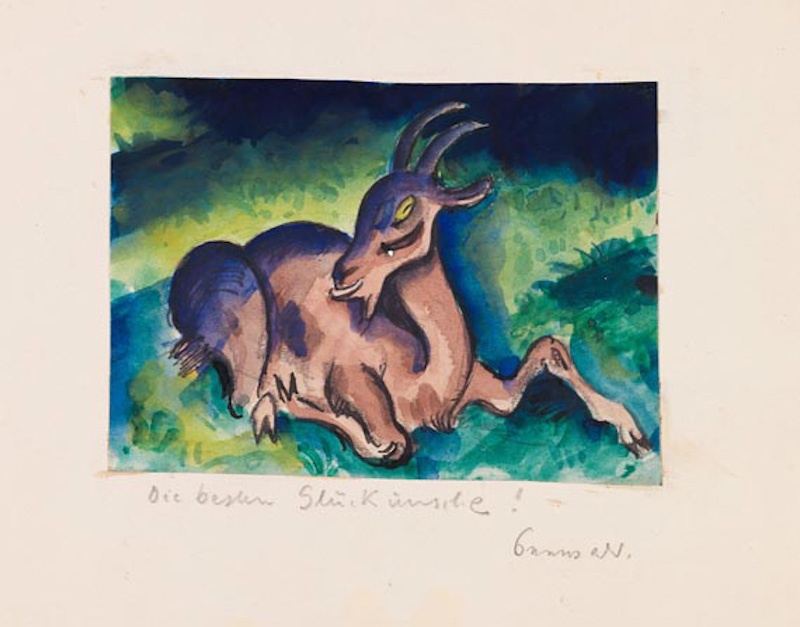 Richard Seewald, Aquarell: Liegende lila Ziege vor blau-grünem Grund auf hellem Blatt, darunter handschriftliche Zeile.