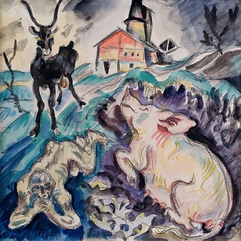 Richard Seewald, Aquarell: Schwarze Ziege auf einem Hügel mit Haus, darunter ein Schwein und ein Mann in wirbelnden Blau- und Türkistönen.