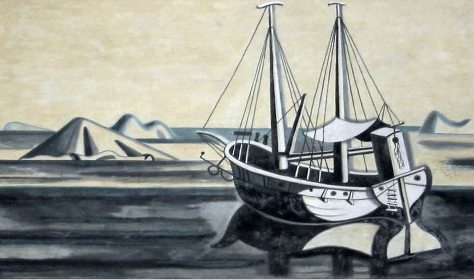 Richard Seewald, Aquarell: Ein Zweimaster mit Takelage liegt im flachen Wasser, im Hintergrund niedrige Hügel; Grau-, Schwarz- und Cremetöne.