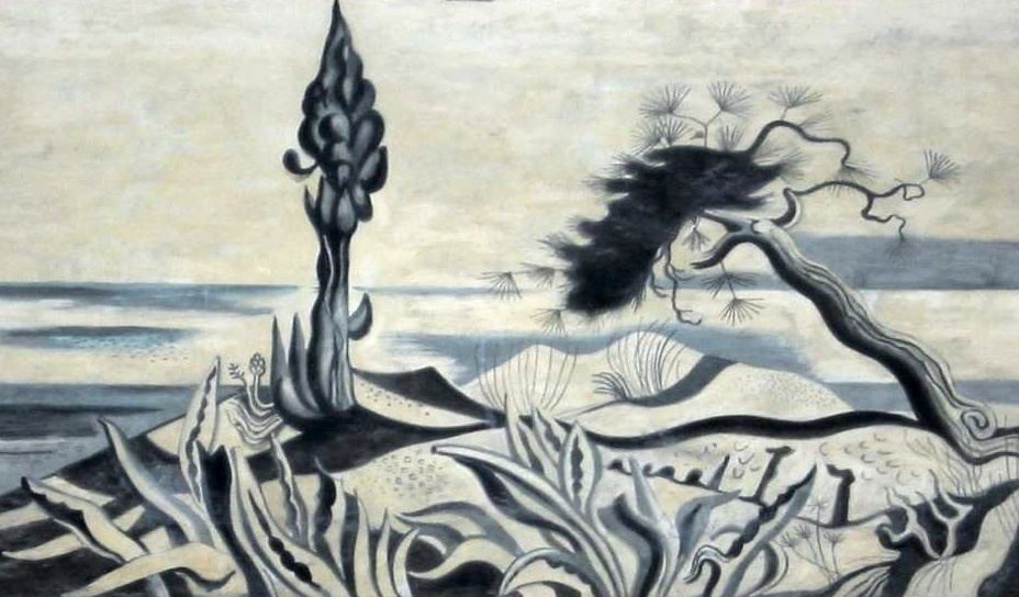 Richard Seewald, Aquarell: Schlanke Zypresse und windschiefe Pinie auf einer Anhöhe über dem Meer, Agaven im Vordergrund; monochrom grau-creme.