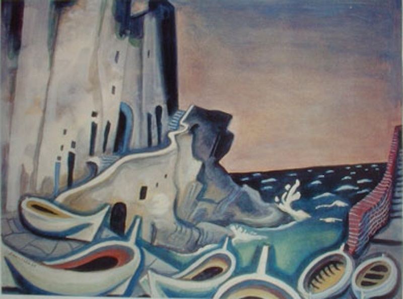 Richard Seewald, Stürmischer Hafen, 1963. Gouache: Barche chiare in primo piano davanti a un'alta torre e a una costa rocciosa sul mare, in toni di blu, ocra e grigio.