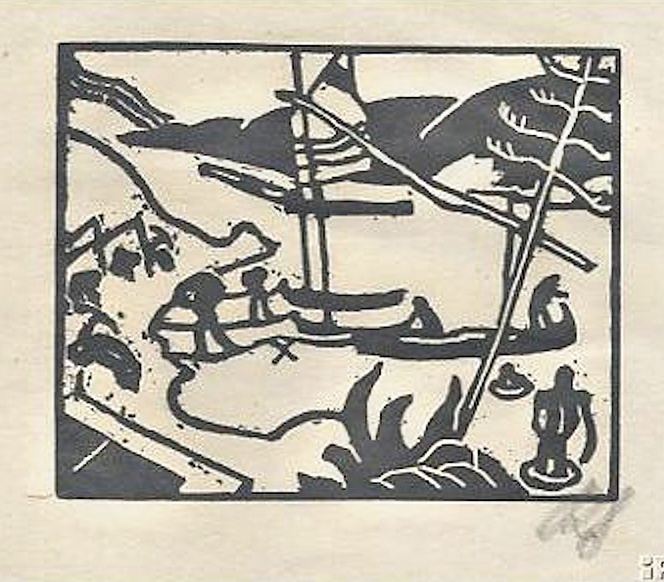Richard Seewald, Holzschnitt: Zwei Masten, Boote und Figuren an einem Ufer mit Büschen, im Hintergrund Hügel; kleiner Druck auf getöntem Papier.