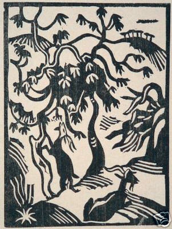 Richard Seewald, Holzschnitt: Ein Hirsch reckt sich an einem Baum mit gewundenen Ästen empor, vorn ein weiteres Tier, hügelige Landschaft; Braun und Schwarz.