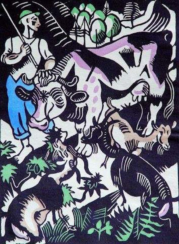 Richard Seewald, Holzschnitt: Hirte mit grünem Hut neben einer Kuh, davor Ziegen und Farne; Farben Grün, Blau, Violett auf Schwarz.