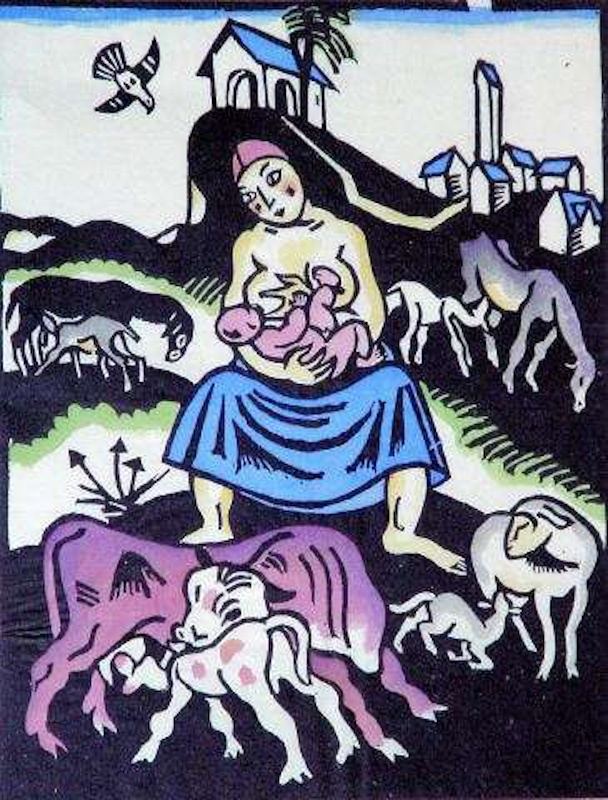 Richard Seewald, Holzschnitt: Frau mit Kind im Arm, umgeben von Kuh mit Kalb, Schafen und Esel, Kirche dahinter; farbig koloriert.