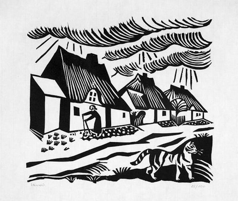 Richard Seewald, Holzschnitt: Reetgedeckte Häuser unter wogenden Wolkenbändern, vorn eine gestreifte Katze, links eine Figur mit Stock.