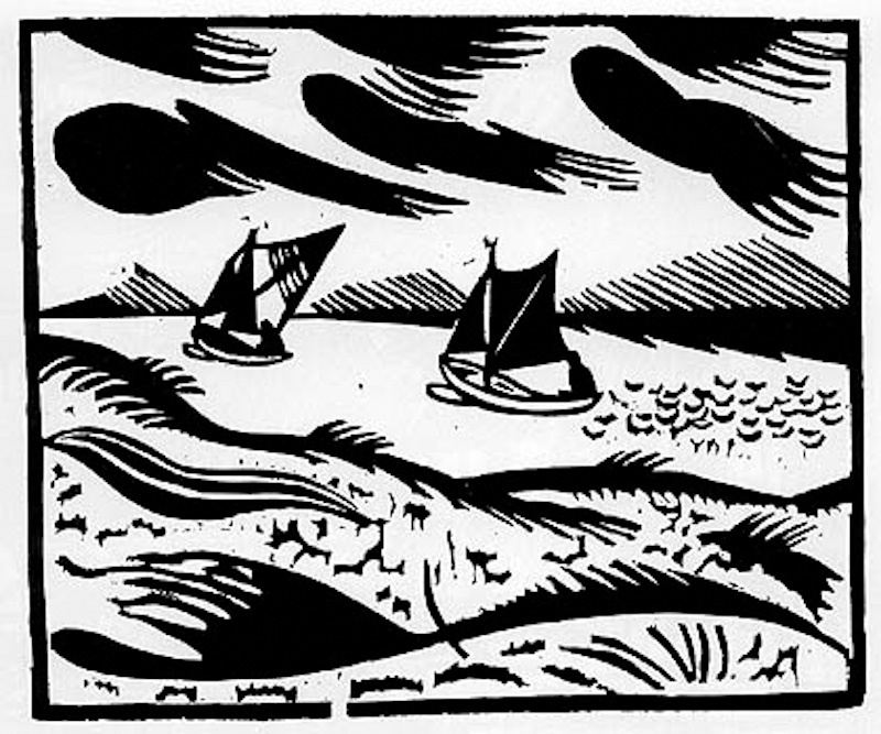 Richard Seewald, Holzschnitt: Zwei Segelboote auf ruhigem Wasser hinter Dünen, darüber schwere Wolkenbänder.