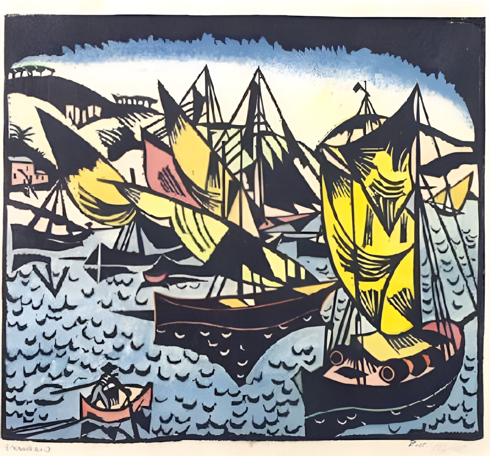 Richard Seewald, Segelbarken (Elba), 1922. Holzschnitt, koloriert: Farbig gedruckte Segelschiffe mit gelben und rosa Segeln auf blauem Wasser, vorn ein Ruderboot.