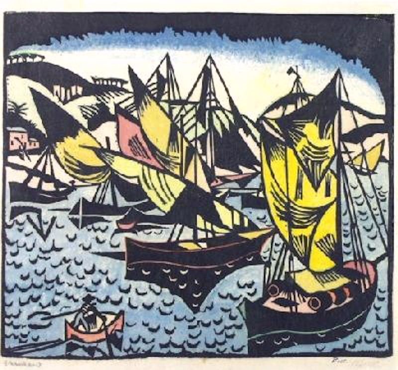 Richard Seewald, Holzschnitt: Farbig gedruckte Segelschiffe mit gelben und rosa Segeln auf blauem Wasser, vorn ein Ruderboot.