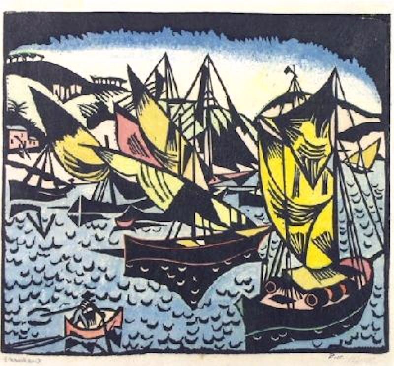 Richard Seewald, Holzschnitt: Farbig gedruckte Segelschiffe mit gelben und rosa Segeln auf blauem Wasser, vorn ein Ruderboot.