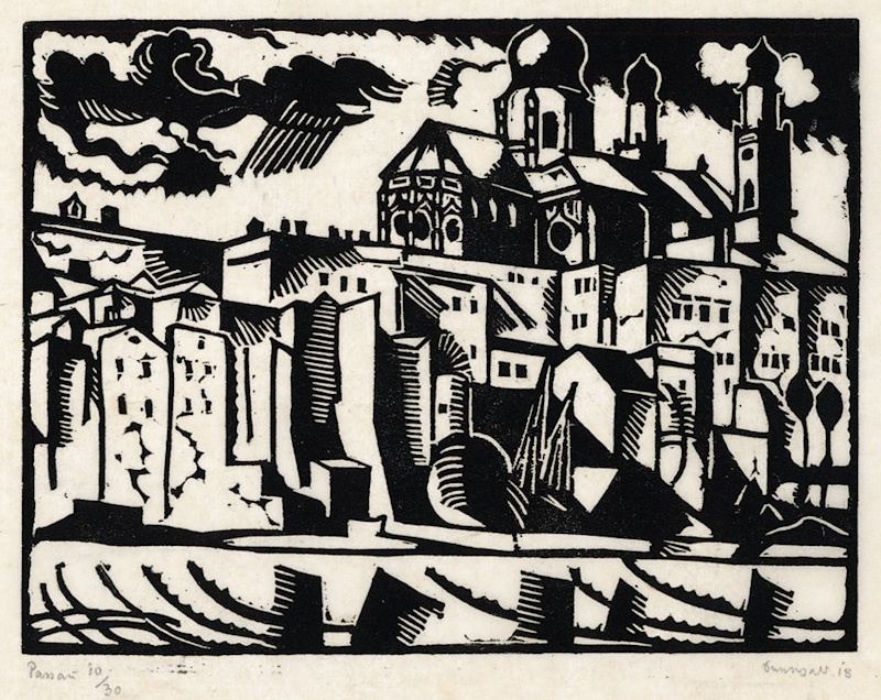 Richard Seewald, Holzschnitt: Stadtansicht mit hoch aufragenden Häusern und Kirchtürmen über einem Fluss, dramatischer Himmel mit Wolken.
