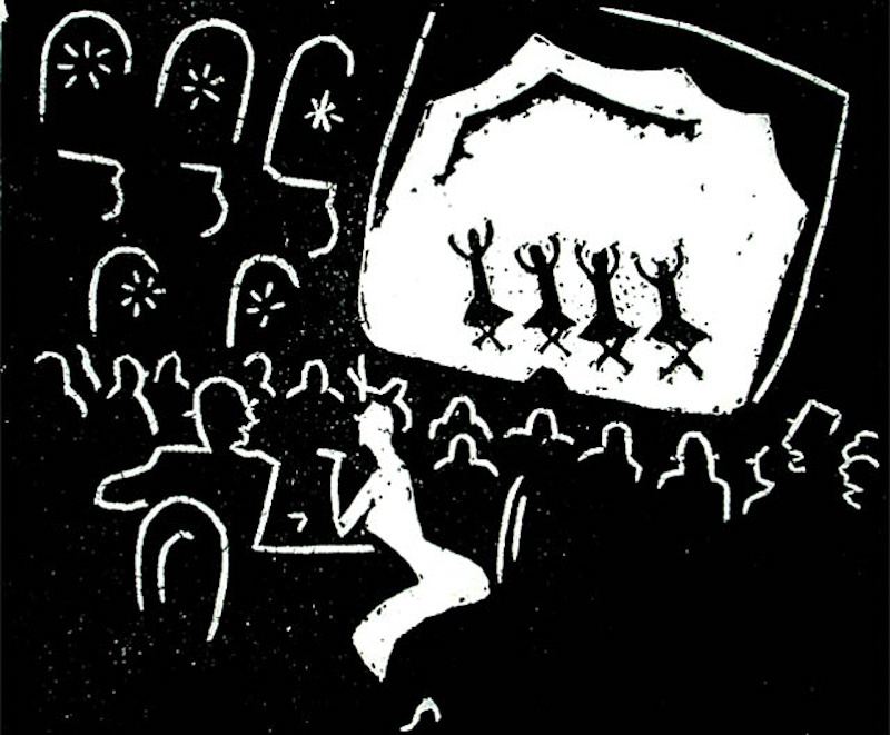 Richard Seewald, Holzschnitt: Zuschauer im dunklen Saal vor einer Leinwand mit vier tanzenden Figuren.