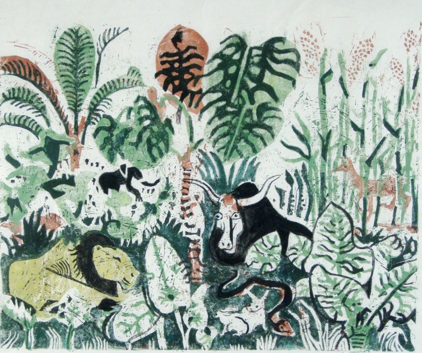 Richard Seewald, Paradies. Kleurenhoutsnede: Leeuw, stier, slang en hert tussen grote groene bladeren; groen, rood en zwart.