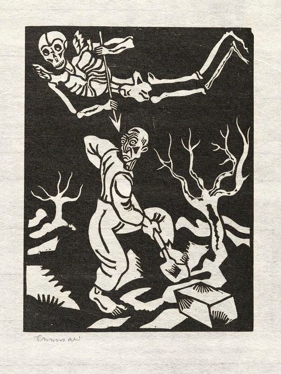 Richard Seewald, Holzschnitt: Ein Skelett schwebt mit Speer über einem Mann, der mit dem Spaten gräbt; kahle Bäume und Felsen auf schwarzem Grund.