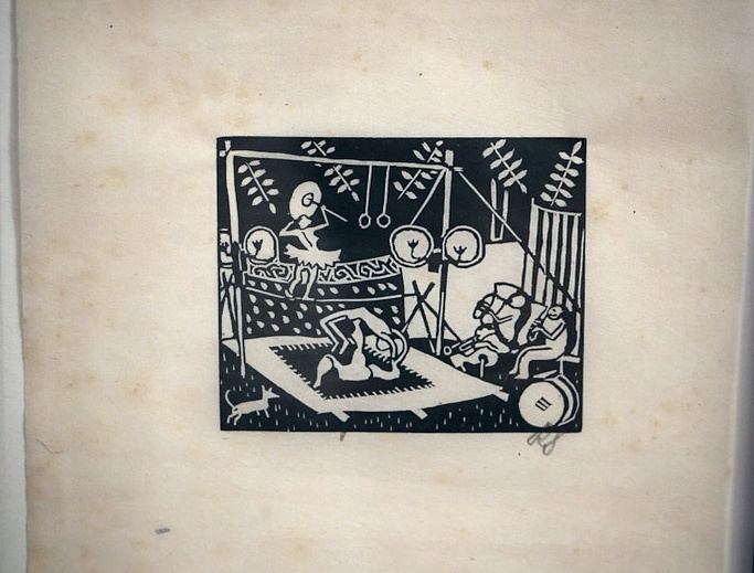 Richard Seewald, Holzschnitt: Manege mit Artisten an Ringen, ein Akrobat liegt auf einem Teppich, rechts ein Musiker; kleine Katze links.