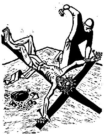 Richard Seewald, Linolschnitt: Christus liegt auf dem Kreuz, ein Mann holt mit dem Hammer aus.