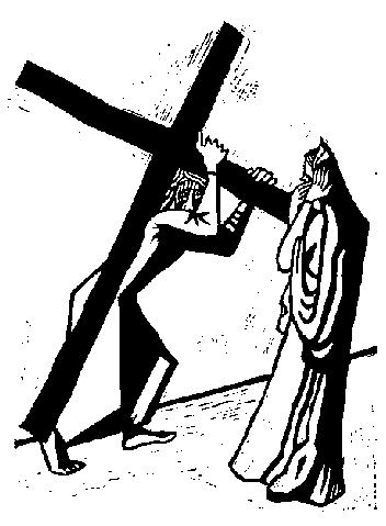 Richard Seewald, Linolschnitt: Christus trägt das Kreuz, rechts eine verhüllte Frauengestalt.