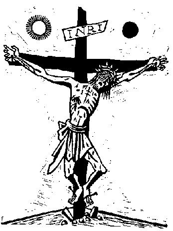 Richard Seewald, Linolschnitt: Gekreuzigter mit Dornenkrone, Sonne und Mond seitlich, Tafel mit INRI.