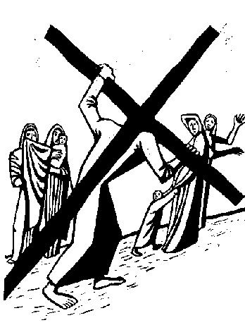 Richard Seewald, Linolschnitt: Christus mit dem Kreuz schreitet bergan, links Frauen mit Kind, rechts weitere Figuren.