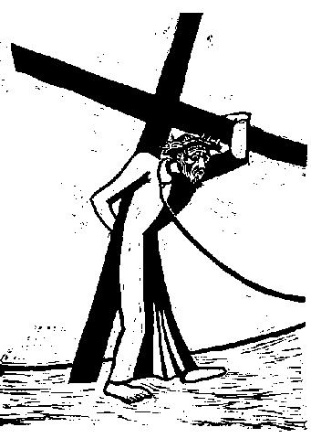 Richard Seewald, Linolschnitt: Christus mit Dornenkrone schreitet gebeugt unter dem schweren Kreuz.