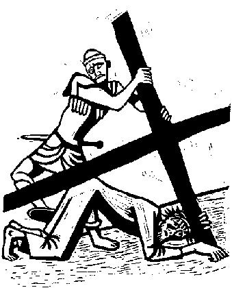 Richard Seewald, Linolschnitt: Ein Soldat stemmt sich gegen das Kreuz, unter dem Christus auf Knien und Händen zusammenbricht.